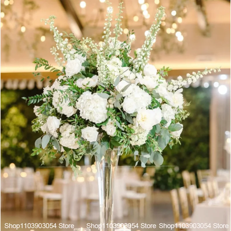 Weiße Hochzeitstischdekoration, künstliche Blumenarrangements, Hortensien, Rosen, Delphinien, Blumen für Hochzeitsfeier, Partydekoration – Detail 9