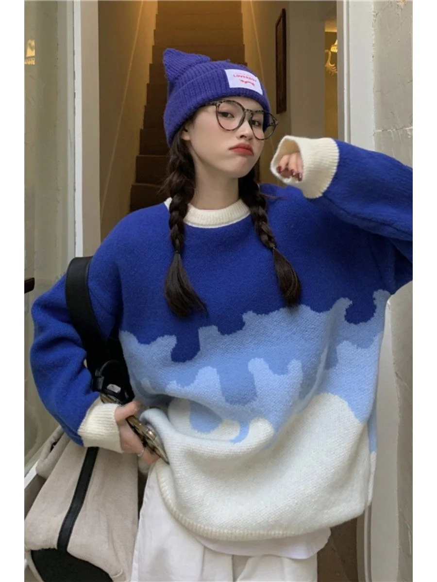 ملابس تريكو نسائية باللون الأزرق من Faionable تصميم ملون فضفاض مناسب طويل Sve قميص خريفي حراري دافئ #2