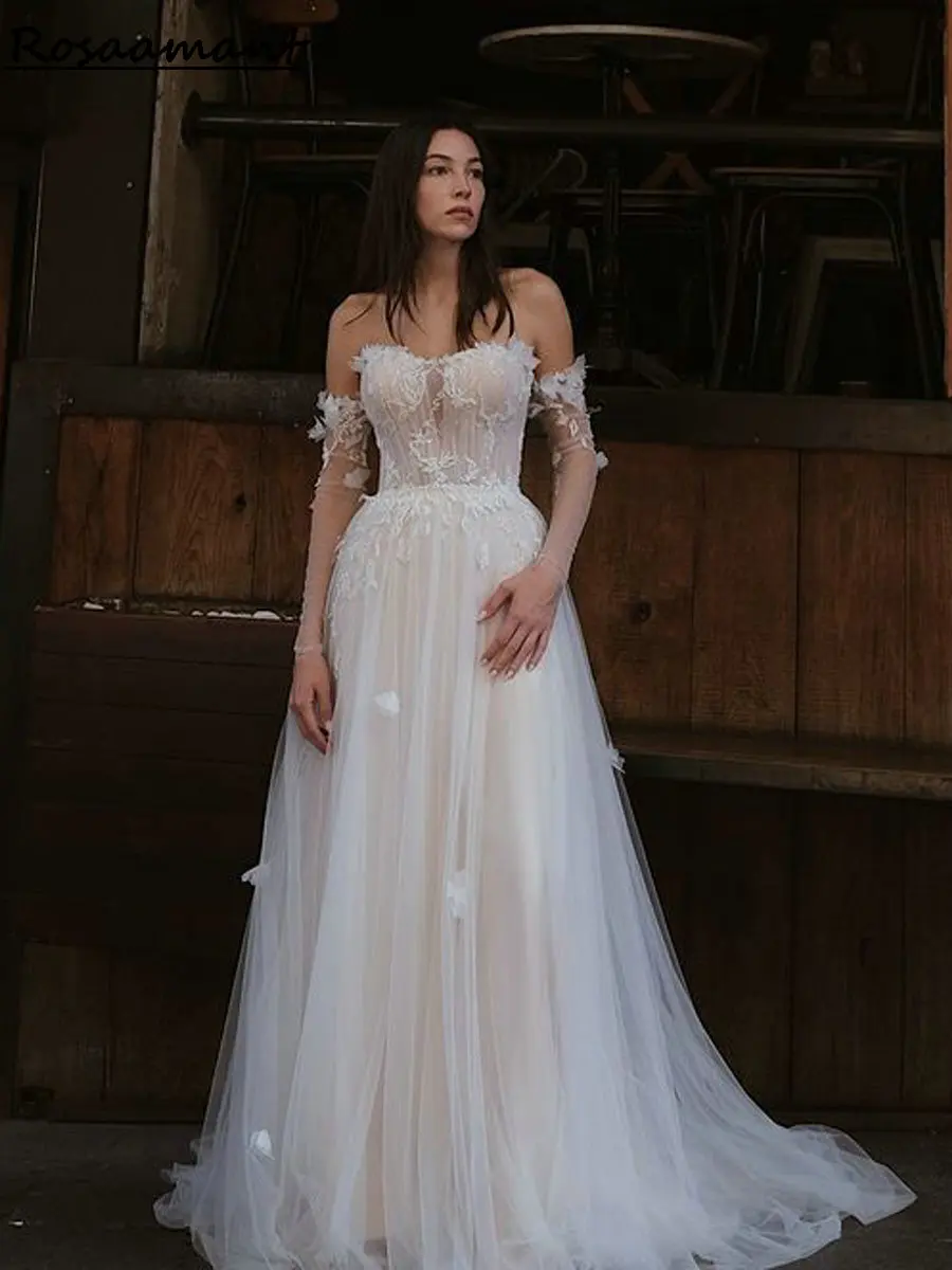 Robes de mariée A-ligne avec manches amovibles, appliques de fleurs 3D, plis en dentelle, Boho Country Patients, quoi que ce soit, poignées romantiques chérie