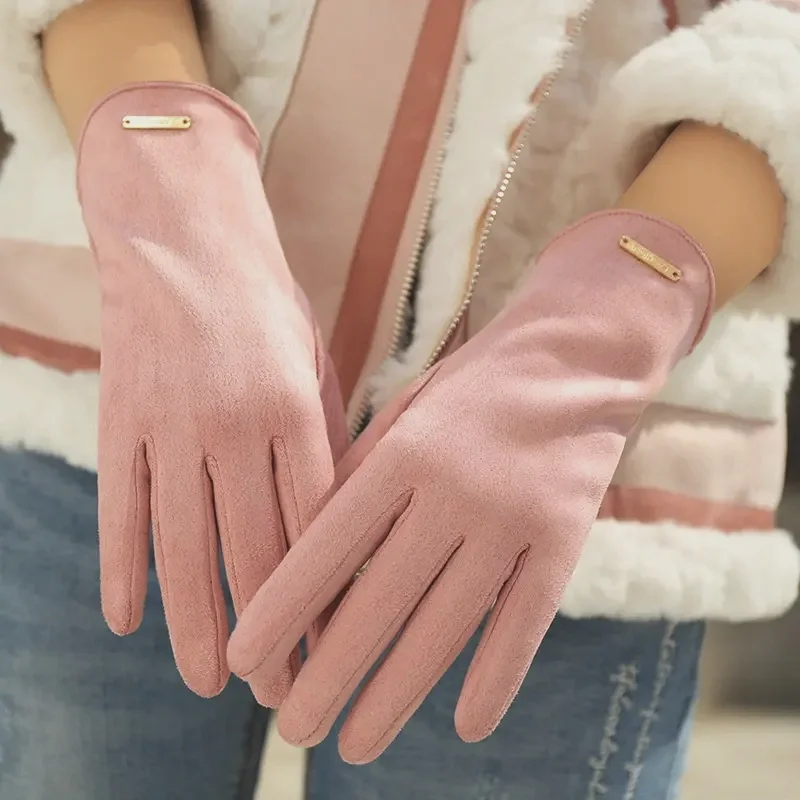 

Женские осенне-зимние теплые тонкие перчатки с сенсорным экраном, из замши, для езды на велосипеде и вождения, элегантные ветрозащитные перчатки для женщин