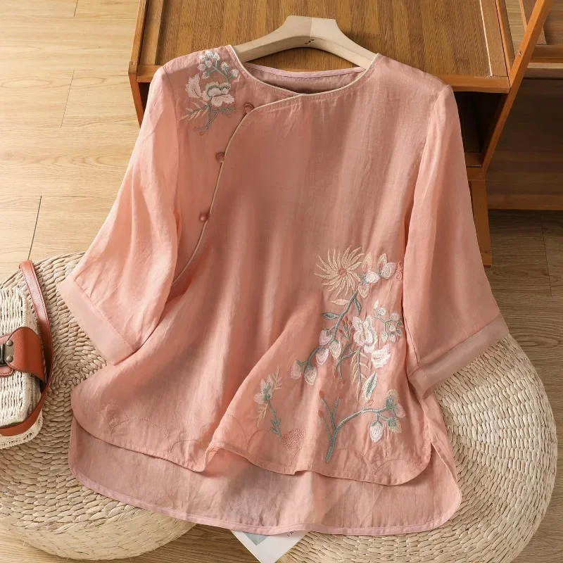 Blusas de estilo chino para mujer, camisas bordadas, ropa holgada de verano a la moda, Tops coreanos de lino y algodón de manga corta para mujer