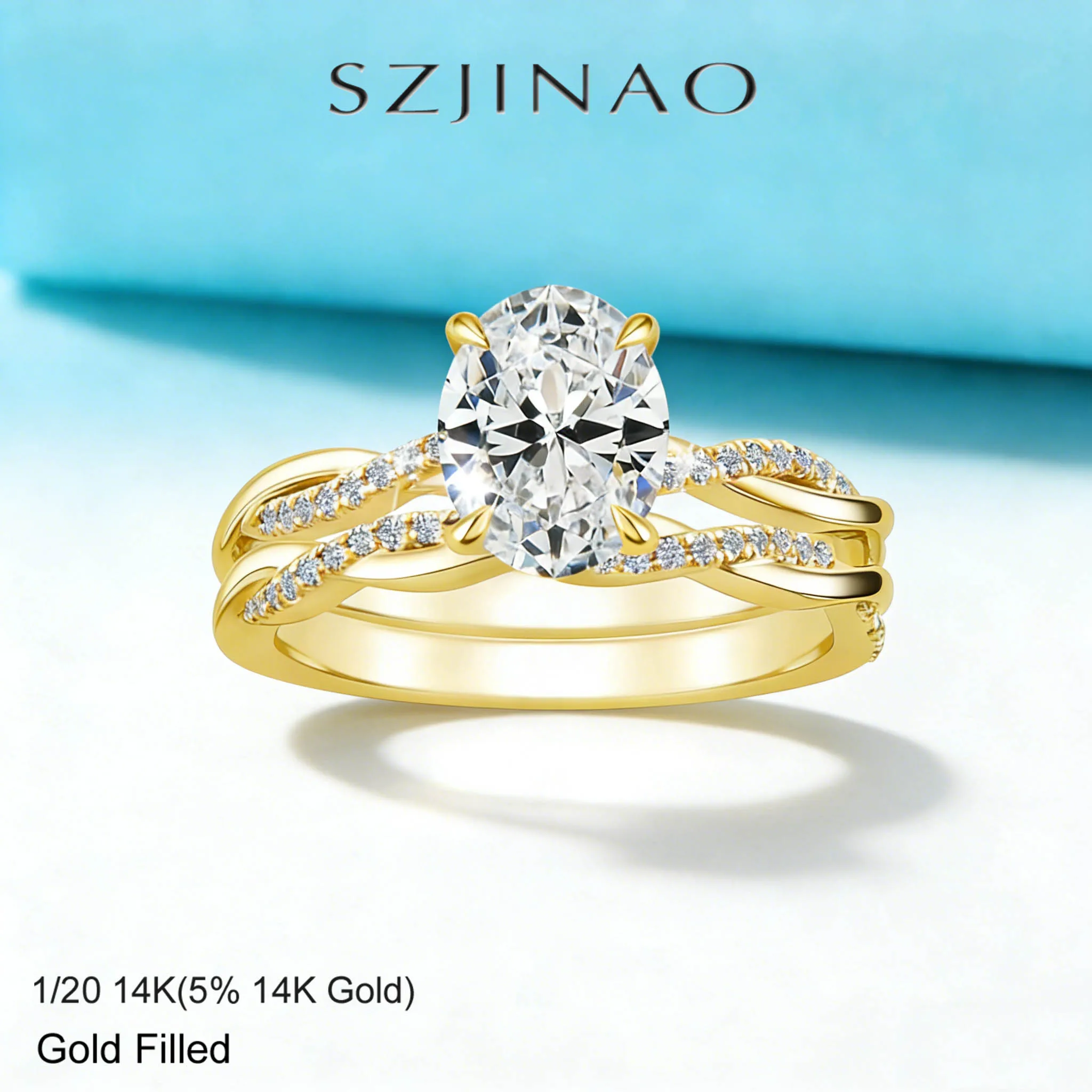 2ct Oval Moissanite Twisted Double Band Stackable Ring Set 14K Gold Filled Romantic 2 Pcs Ring Set for Bridal Engagement Jewelry