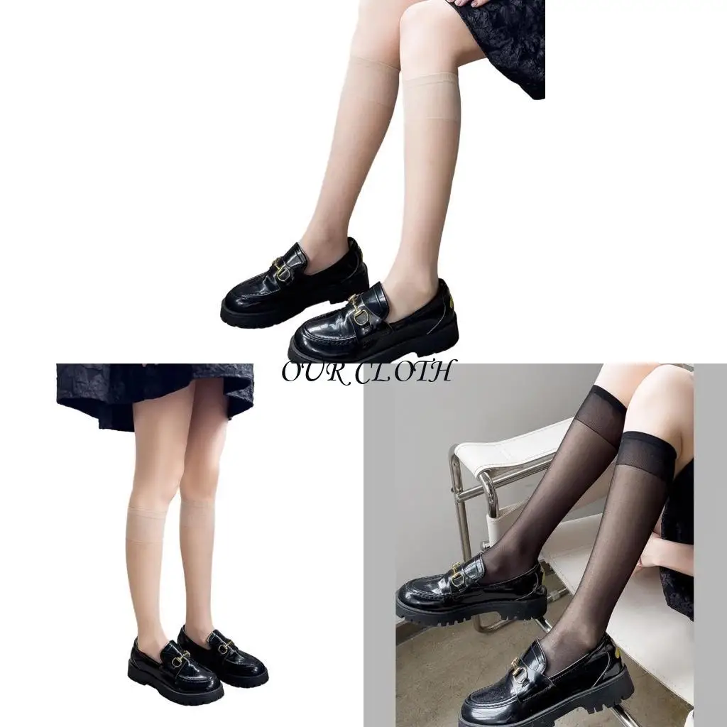 

Solid Color Sheer Over the Calf Long Socks for Women Japanese Student Summer Thin Silk Knee Length Stockings Y1AC