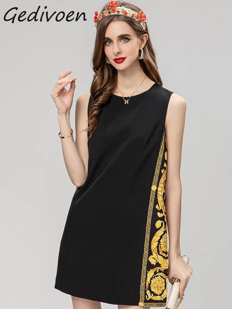

Gedivoen Summer Fashion Designer Vintage Print Vest Dress Women's O Neck Sleeveless Holiday Party Loose Casual A-LINE Mini Dress