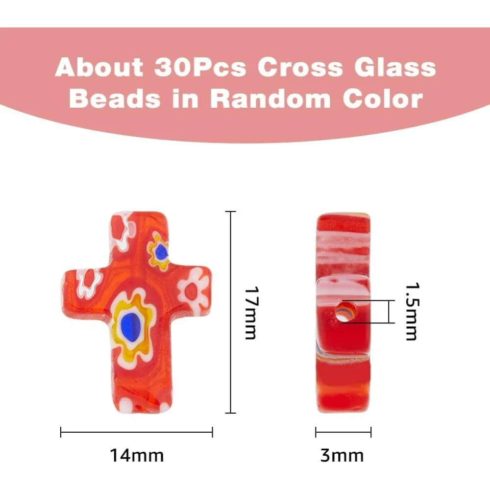 About 30Pcs Cross Millefiori Glass Beads Random Color Lampwork Beads Artistic Cross Handmade Beads Religious Cross Loose Spacer