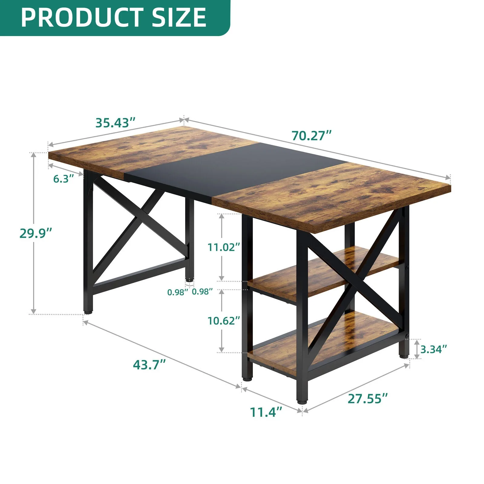 Grande mesa de jantar de madeira metálica para 4-6 pessoas, mesa retangular de cozinha de madeira, 70"