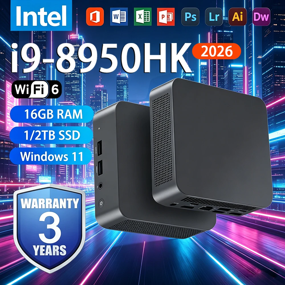 Intel Core i9 8950HK Mini PC Windows 11 Pro 16GB DDR4 1TB M.2 SSD WIFI 6 BT5.2 4K HD Desktop Mini Gaming Pc【3 year warranty】