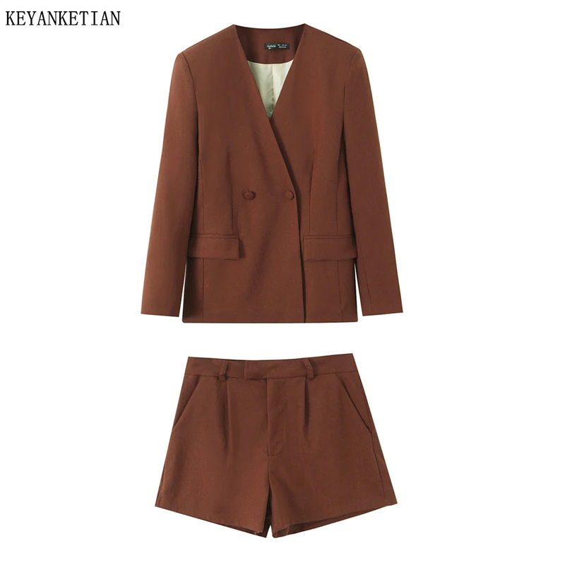 

KEYANKETIAN Women's Brown Casual Shorts Set Double Breasted Blazer Office Lady High Waist Shorts Business Suit Spring Outfits