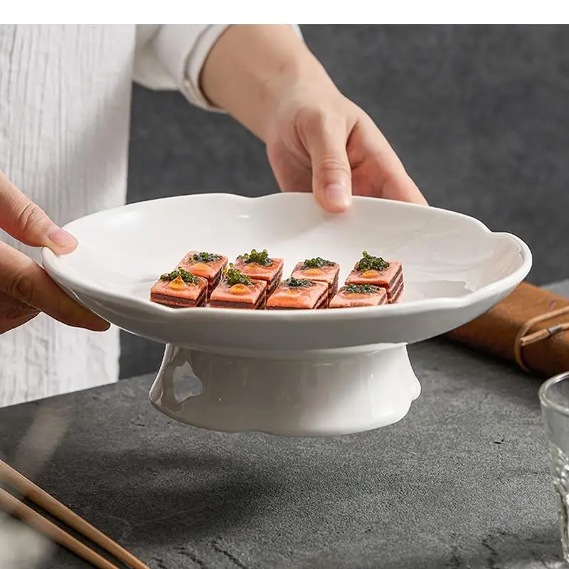 Pure White High Legged Ceramic Dinner Plate Restaurant Dessert Dim Sum Sushi Molecular Cuisine Specialty Tableware