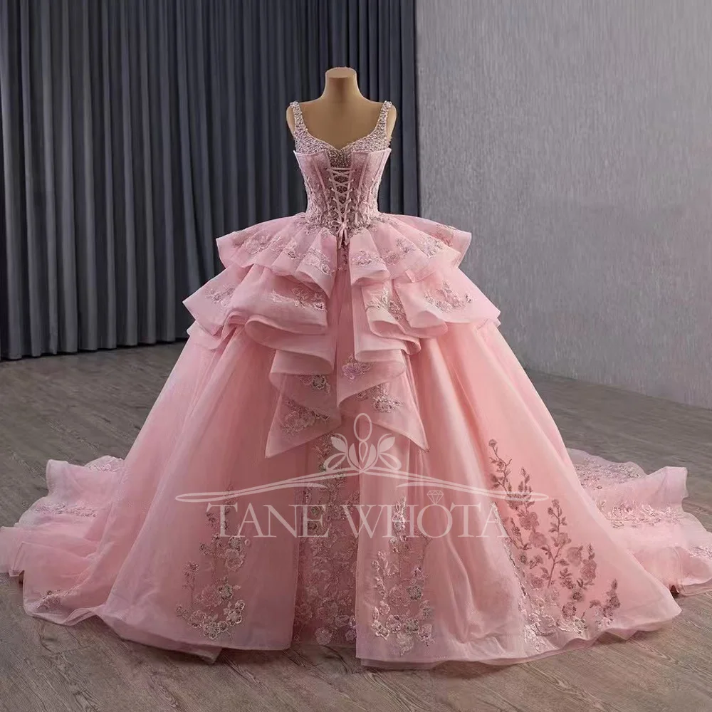 Customizable Pink Prom Dress Detachable Jacket Spaghetti Straps Lace-Up Back Beading Quinceanera Women's Special Occasion Gown