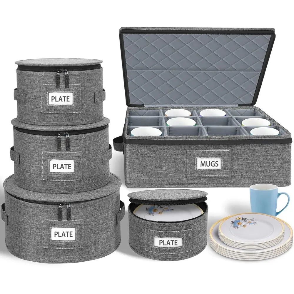 

5-Piece Storage Set with Hard Shell Sides, Quilted Stackable Plate & Dish Organizer, Adjustable Cup Holder for Moving and Dinner