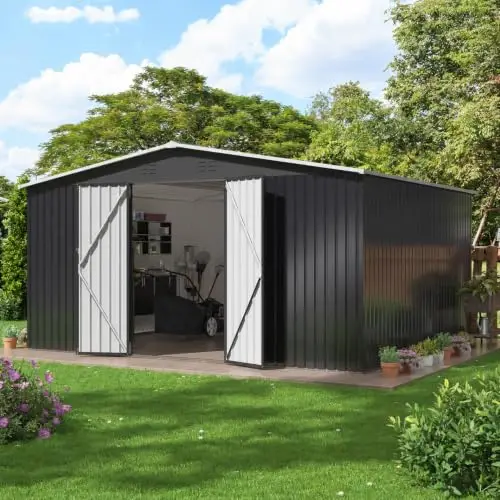 12x14 FT Outdoor Storage Shed Black | Garden Shed with Updated Frame Structure and Lockable Doors, Metal Tool Sheds for