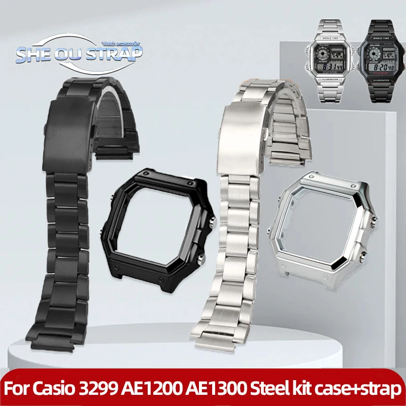 Mod kit 304 Stainless Steel For Casio 3299 AE1200 AE-12000 AE1300 Watch Modification Stainless Steel Case+strap ae1200 ae1300