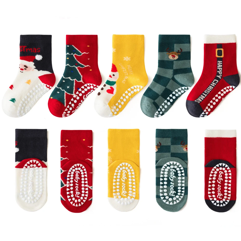 1/5 Pairs عيد الميلاد الاطفال الجوارب القطنية مجموعات للطفل الفتيات الفتيان 2025 جديد عدم الانزلاق لطيف الكرتون سانتا كلوز الطفل عيد الميلاد جوارب يمكن السير بها على الأرض