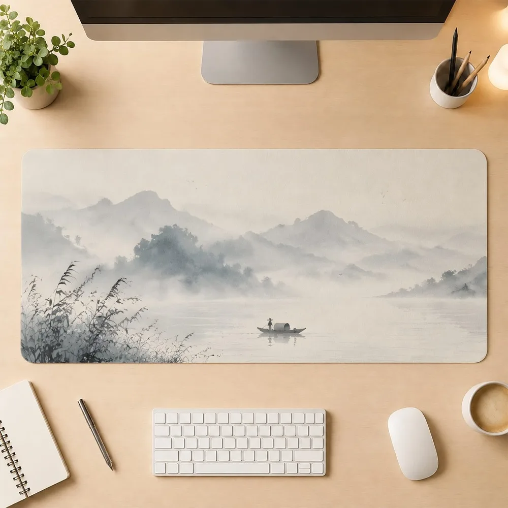 Game mouse pad, inkblot mountain landscape ink painting style, anti-slip base, suitable for home office, computer accessories