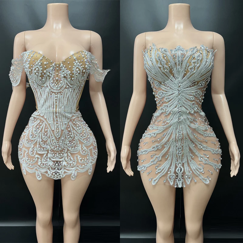 

Full Pearls Evening Dress Women Performance Catwalk Outfit Bar Nightclub DJ Jazz Dance Costumes Stage Party Gowns XS10529