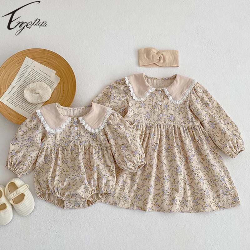 

2024 Spring Autumn Girls Rompers Sweet Floral Printed Jumpsuit Baby Girls Long Sleeves Romper Princess Girl Dress Sister Clothes