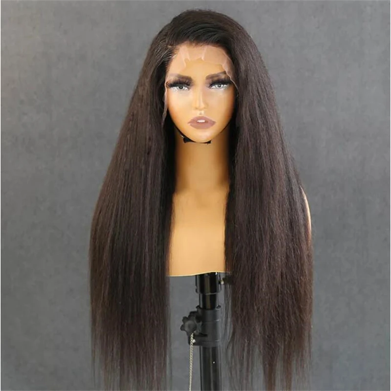 Yaki 26inch Deep Long Balck 180Density Soft Kinky Straight Lace Front Wig For Women with Babyhair PrePlucked Daily Glueless Wigs