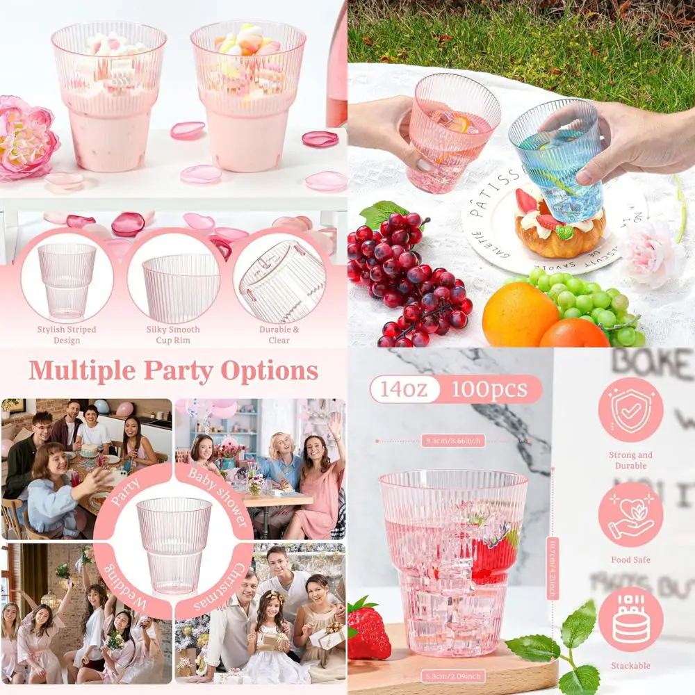 

100 Pack 14 oz Pink Ribbed Plastic Wine Glasses - Disposable Martini Tumblers for Weddings and Events