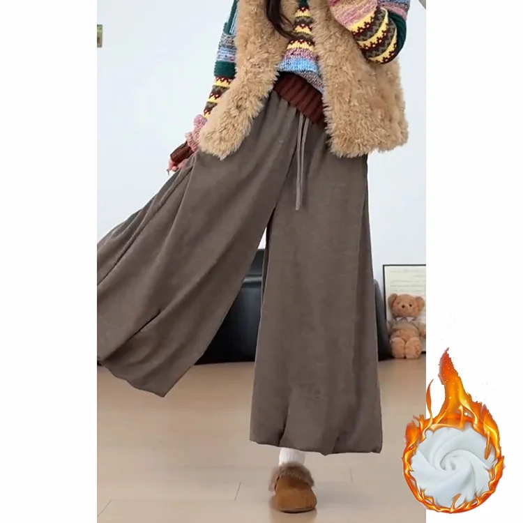 محبوك الأرز المعكرونة تنورة السراويل النسائية الخريف الشتاء جديد Sle القهوة اللون Fce واسعة الساق زهرة برعم السراويل تنورة السراويل #2