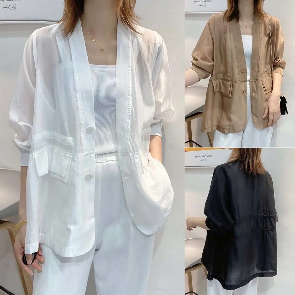

Elegant Thin Summer Women's Sun Protection Coat Outerwear Commute Style Button Detail Formal Wear Five-Quarter Sleeve Length