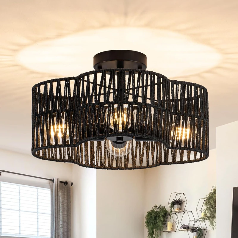 Creative Hand Woven Hemp Rope LED Ceiling Light Living Room Dining Room Bedroom Corridor Simple Atmosphere Decoration Lighting