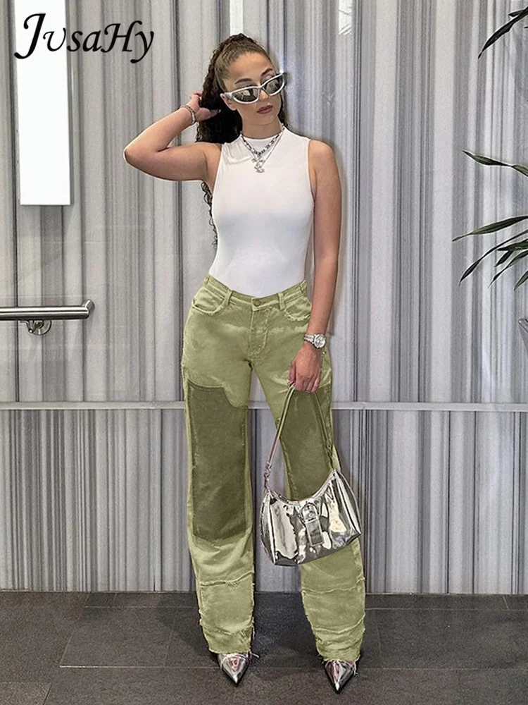 JusaHy Women New Heavyweight Y2K Hip Hop Safari Style Trousers Patchwork Loose Straight Trousers Hem Shirring Pocket Pants 2023