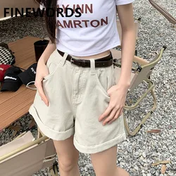 FINEWORDS Vintage Summer Casual Korean Wide Leg Shorts Jeans Streetwear High Waist Denim Shorts Cuff Candy Color Beach Shorts