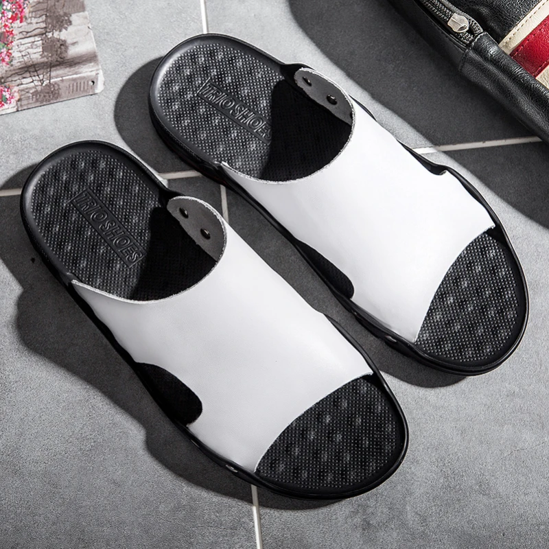 Summer Men's Slippers Genuine Leather High Quality Home Slippers Outdoor Beach Sandals Large Size Non-slip Men's Casual Slippers