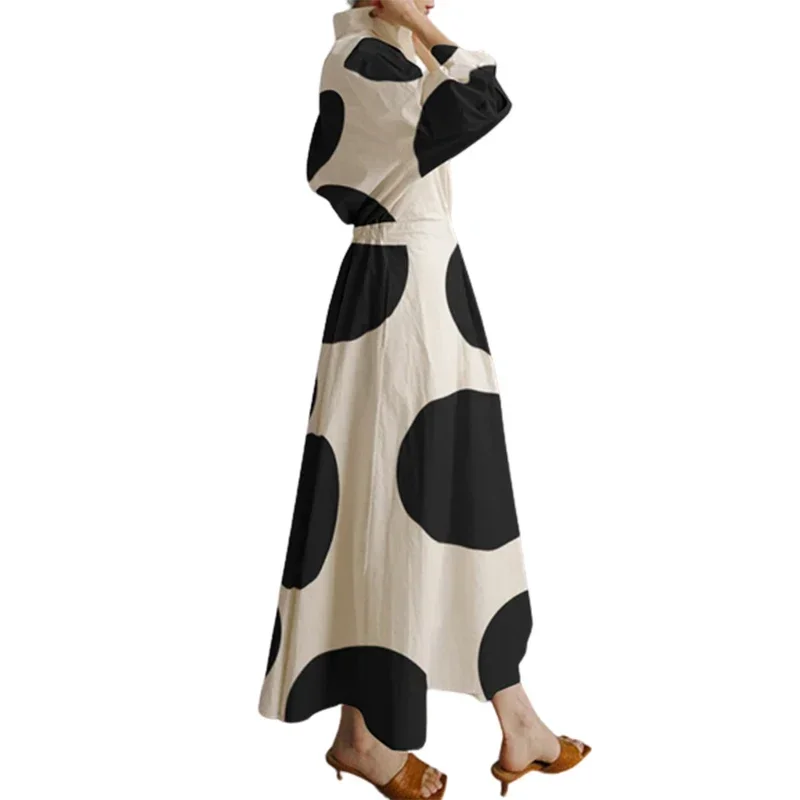 Women's fashionable polka dot lapel pleated dress, spring and autumn long sleeved A-line evening midi dress