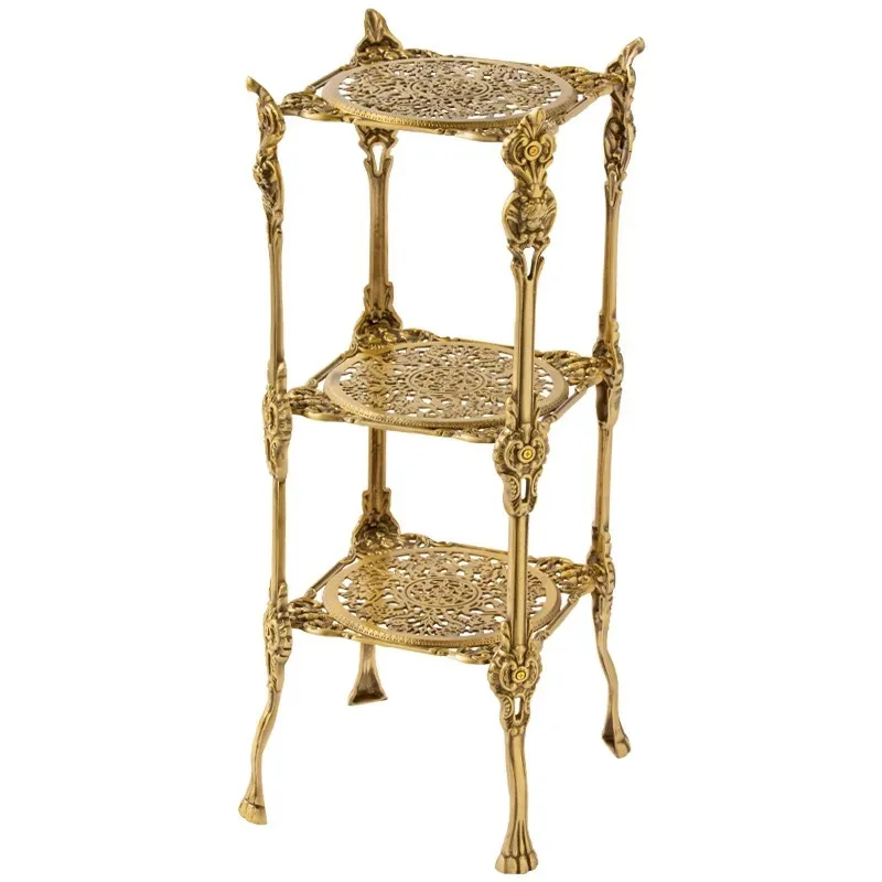 Living room brass floor rack multi-layer hollow shape storage rack light luxury edge few