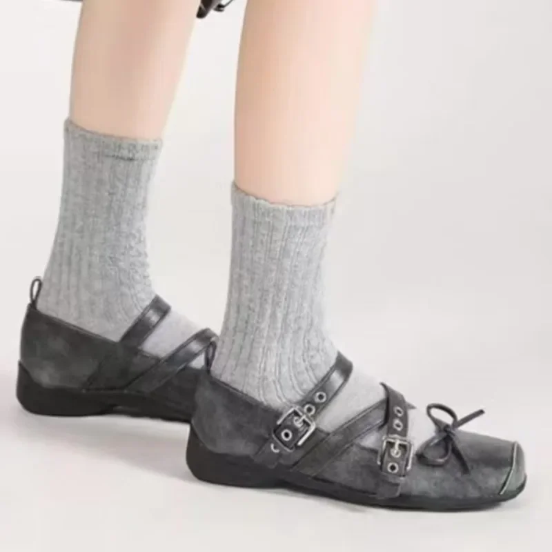 

Французские балетки Мэри Джейн, женские туфли на плоской подошве, повседневная обувь с квадратным бантом и перекрестными пуговицами