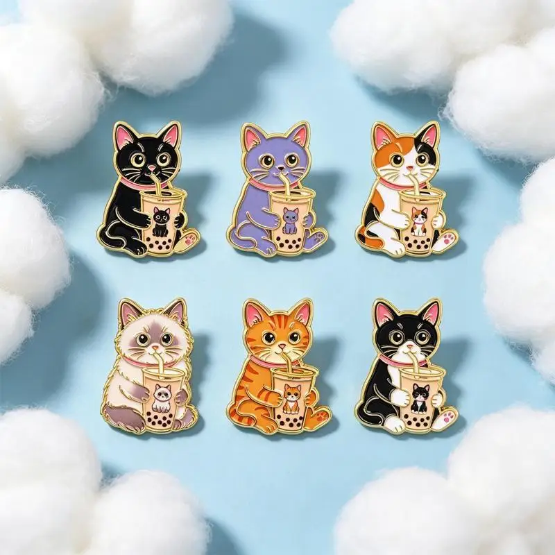 1/6Pcs Cartoon Animal Drink Milk‑Tea Metal Lapel Brooch Badge Cute Tea Cat Enamel Pins Backpack Jacket Decor Gift