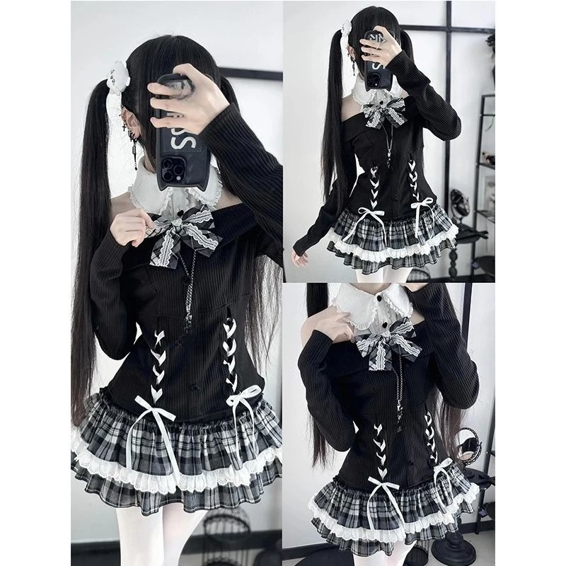 かわいい日本の秋のセーター + ショートスカート ツーピース スラッシュネック ニット ジャンパー Y2K ヴィンテージ サブカルチャー パンク ガール服