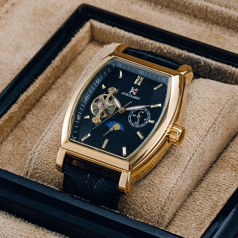 European and American Style Luxury Men's Business Mechanical Watch, Barrel-Shaped, High-Value, Stylish, Simple, Handsome, Social Guy Men's Watch, Fully Automatic Mechanical Watch, Twenty-Four Hour Moon Phase Display, Skeleton Design, Fashionable Accessory, the Best Gift for Him