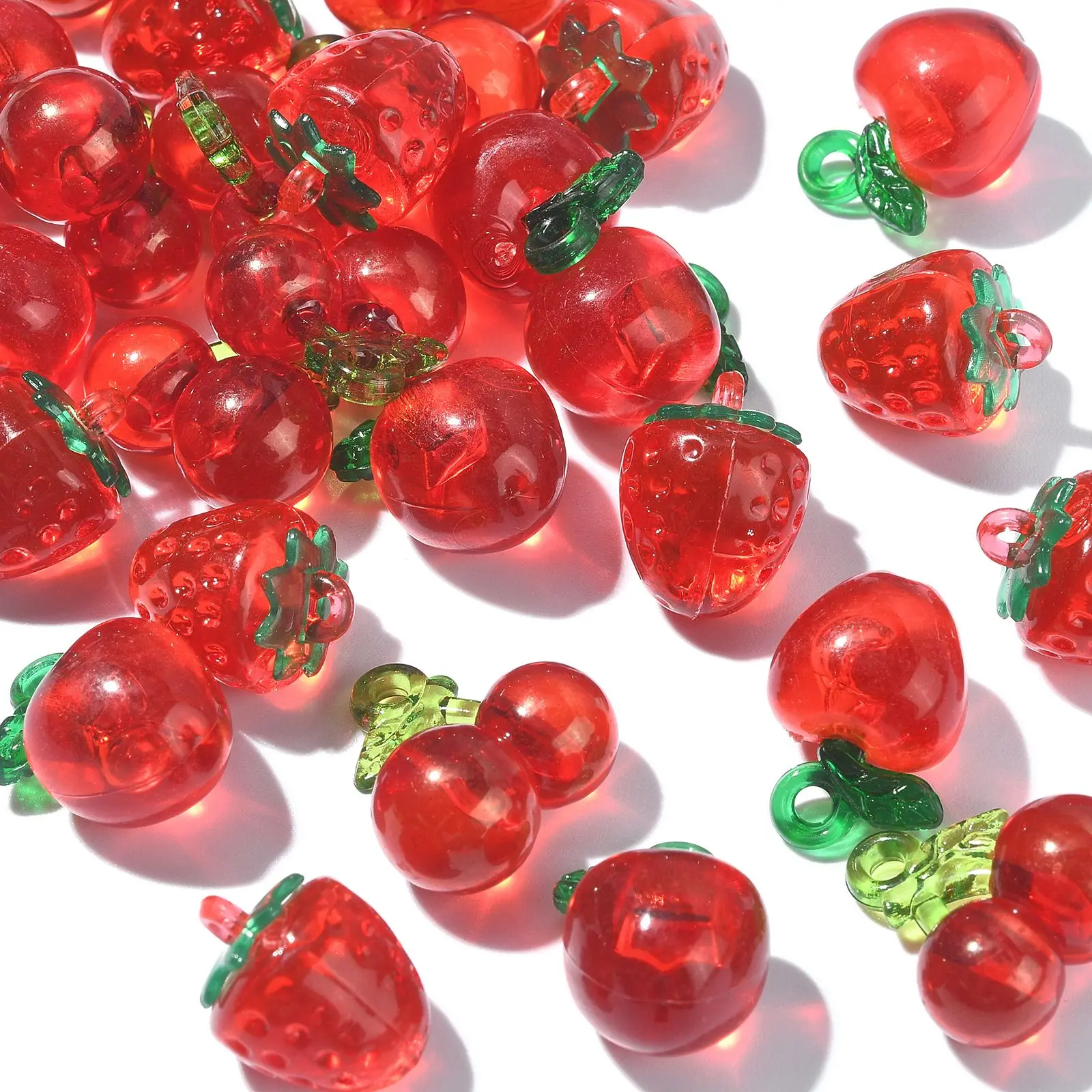 

30Pcs 3 Styles Acrylic 3D Red Fruit Charms Transparent Cherry Strawberry Apple Beads Charms for Jewelry Making Accessories