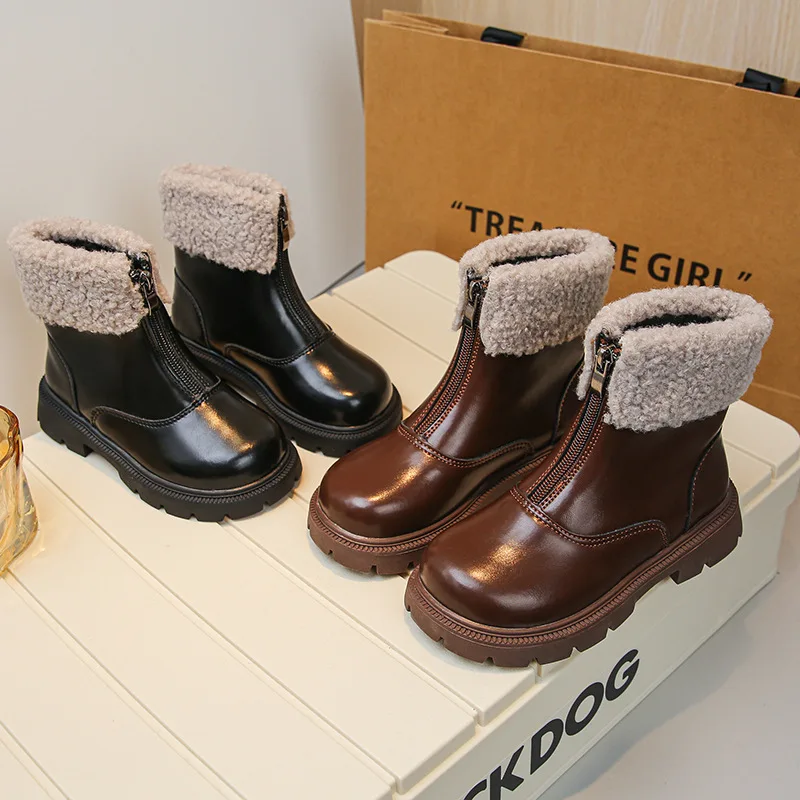 Kids'Boots PU Leather Winter Fashion Outdoor Flat Thick Bottom Shoes For Children Warm Anti-slip Black Brown Shoes Size 26-36