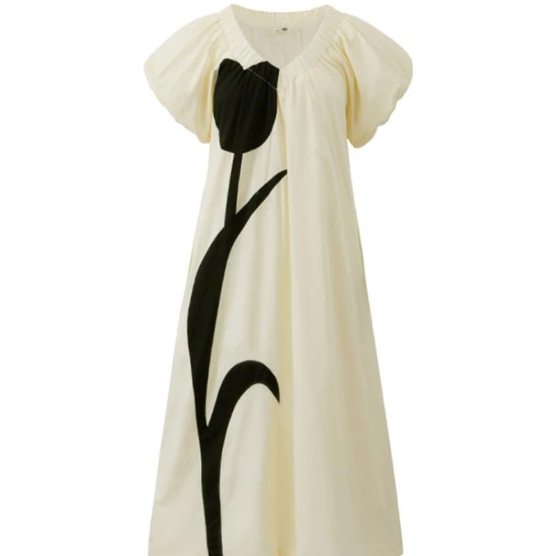 Tulipanowa kontrastowa mozaika Francuska luźna sukienka z dekoltem w szpic 2023 Wiosna i lato Moda Temperament Dziewczęcy styl Sukienka damska