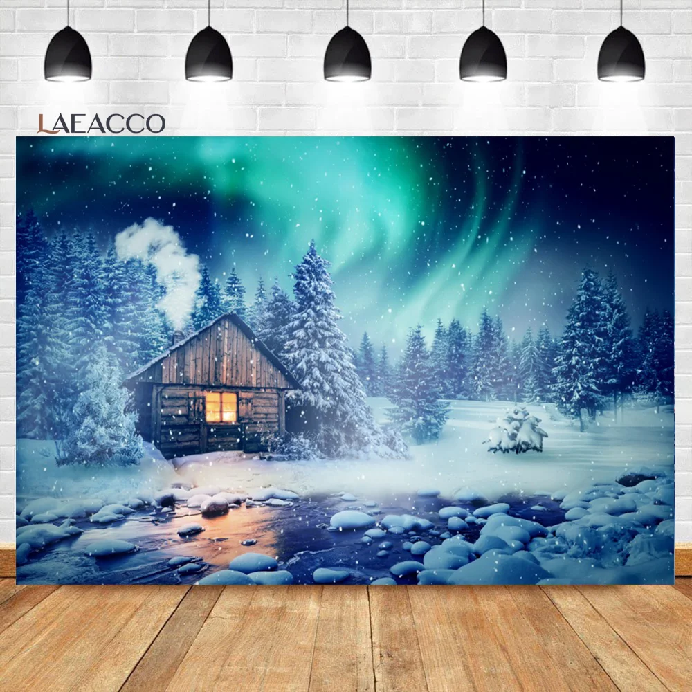 Laeacco Winter Snow Backdrop Wooden House Outdoors Natural Mountains Scene Kid Adult Christmas Portrait Photography Background