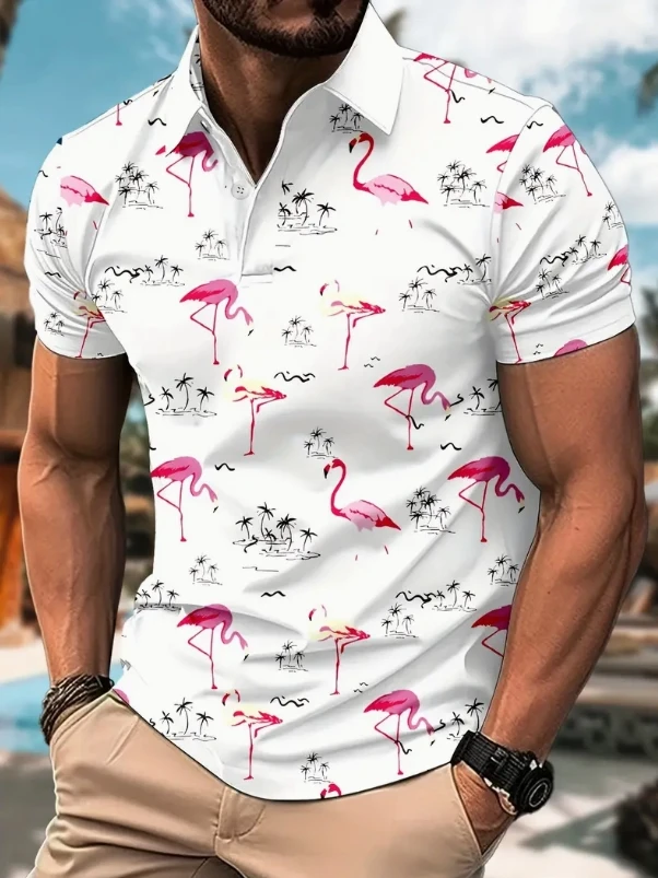 Men's Summer New Casual Shirt with Flip Collar Short Sleeve and Flamingo Printed Pattern Outdoor Lightweight Style Shirt for Men