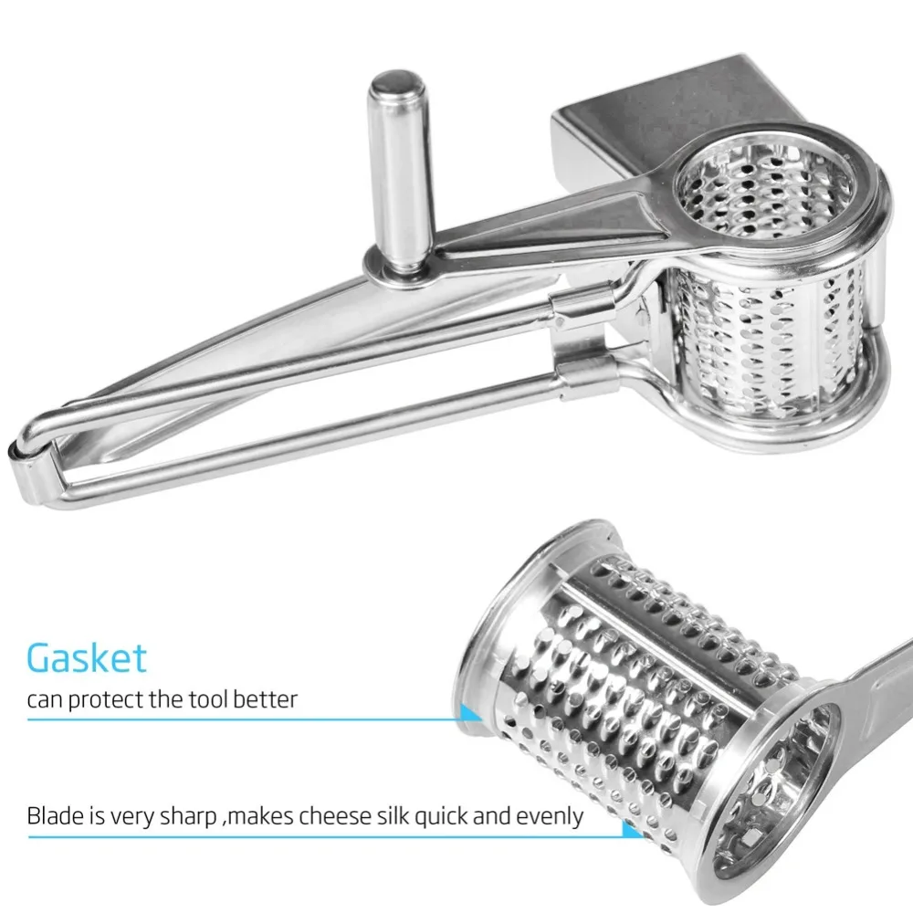 Stainless Steel Rotary Cheese Grater Rotatable 3 Interchanging Drum Blades Cheese Shredder Tool Silver Easy Clean