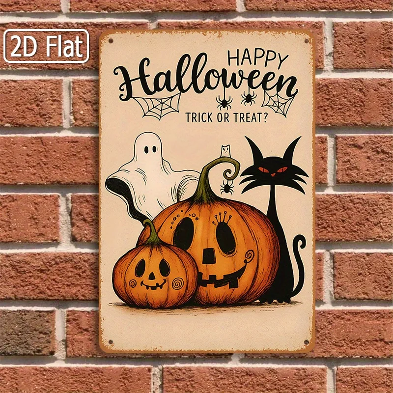 Happy Halloween Tin Sign, Black Cat & Jack-O'-Lanterns - Halloween Decor - Durable Metal Wall Art Plaque - Trick or Treat Party