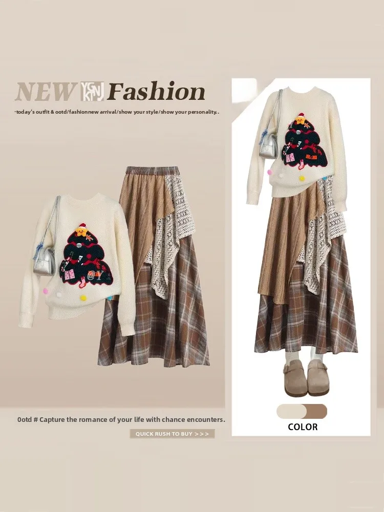

Winter Knitted Cisas Tree Print Sweater Women's Lace Patchwork Plaid Skirt Set Vintage Retro Sle Long Sve Top