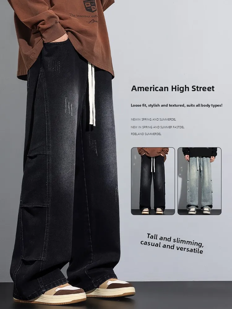 

Loose Straight Leg Workwear Jeans Men's Bla ey Spring Summer Casual Long Trousers American Sle Cotton Denim Pants