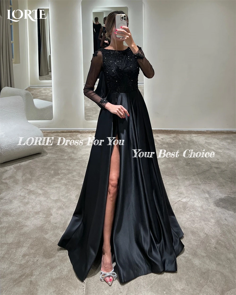 LORIE Glitter A-Line Formal Evening Dresses Lace High Side Slit Sequins Satin Prom Dress For Wedding Long Pageant Party Gowns