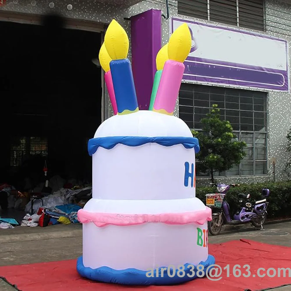 Bolo inflável gigante do feliz aniversário com velas, modelo temático do bolo do aniversário, decoração exterior do partido, material do evento, layered