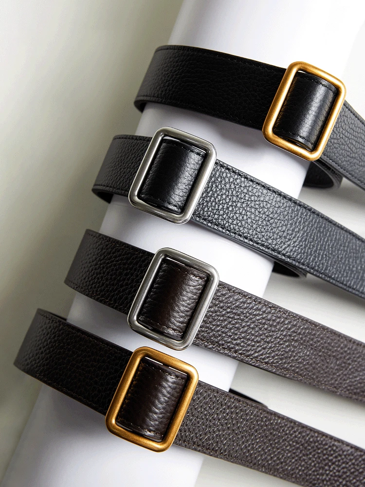 高級レディースレザーベルト-ノンパンチング-スクエアバックル-おしゃれなゴールドバックル-牛革パンツベルト-スタイリッシュベルト-ノンパンチング
