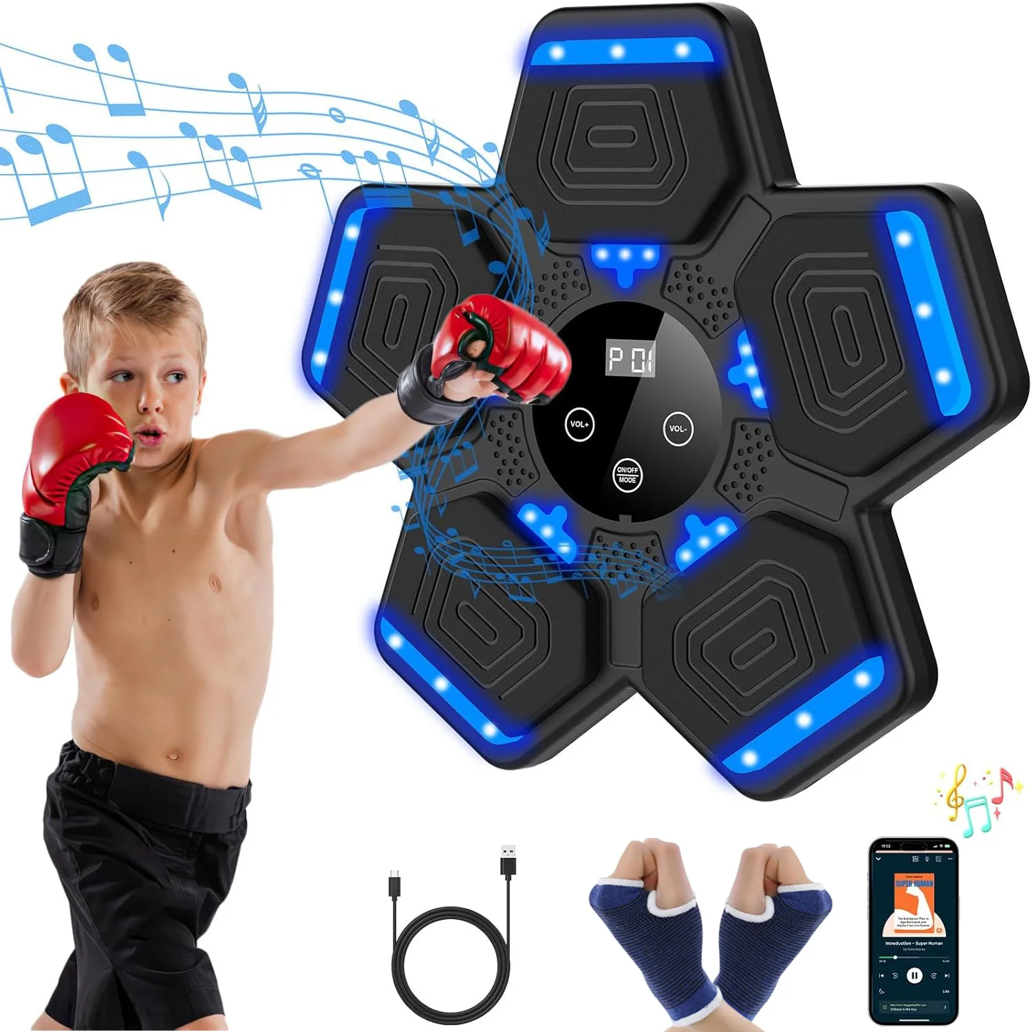 2024 Music Boxing Machine with Boxing Gloves, Smart Bluetooth Machine with LED Music Boxing Target Workout Punching  for Home