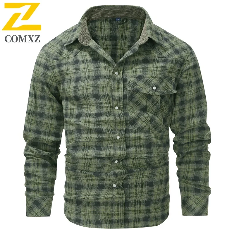 Fashion Jacket Men's Spring Autumn Casual Classic Plaid Button Long Sleeve Top Multi-pocket Business Casual Flannel Shirt Coat