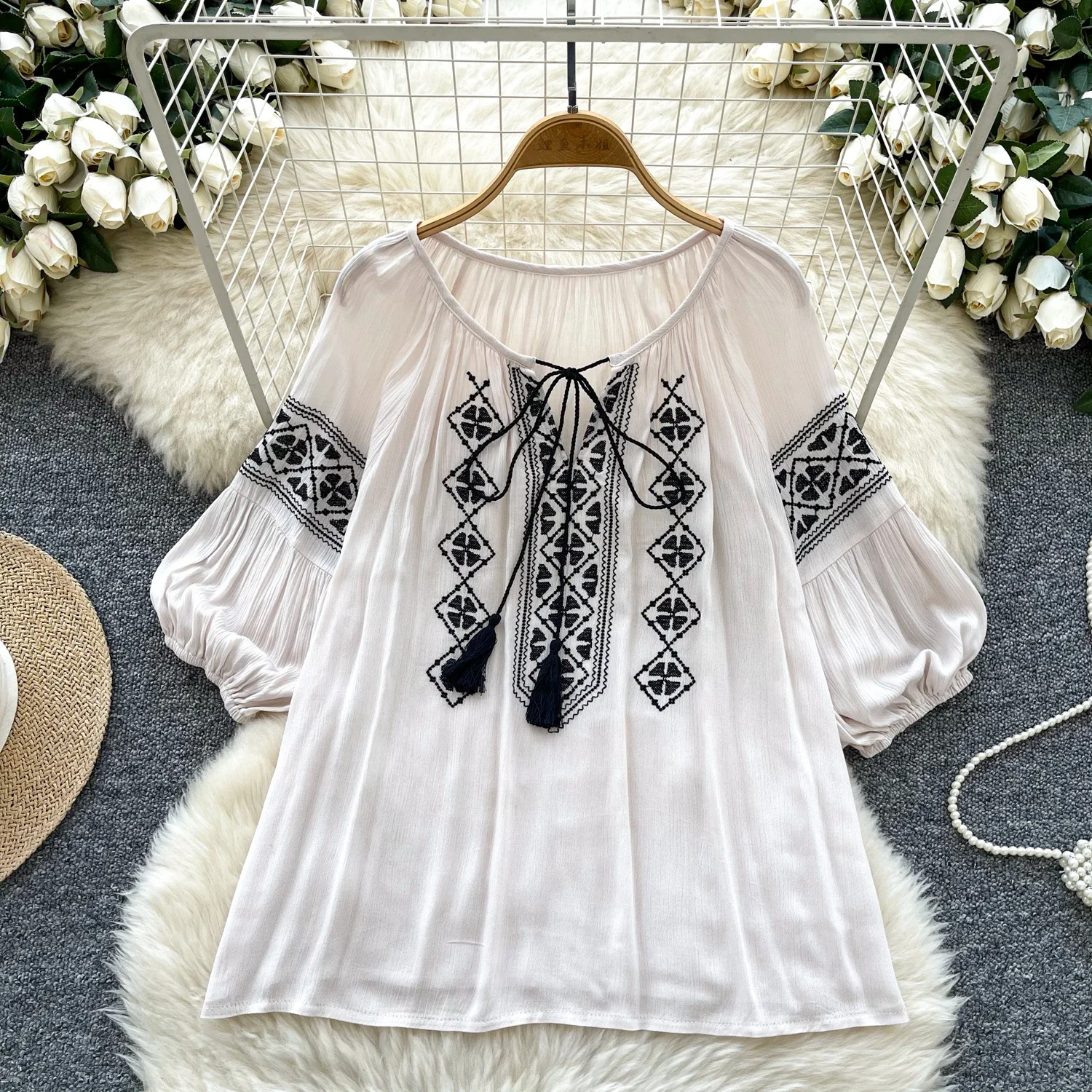 Vintage O-neck Lace-up Elegant Half Lantern Sleeves Chic Embroidered Loose Top Korean Streetwear High Street Autumn Sweet Blouse